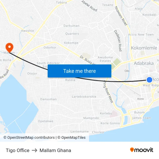 Tigo Office to Mallam Ghana map