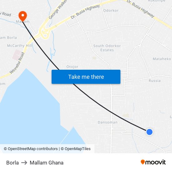 Borla to Mallam Ghana map