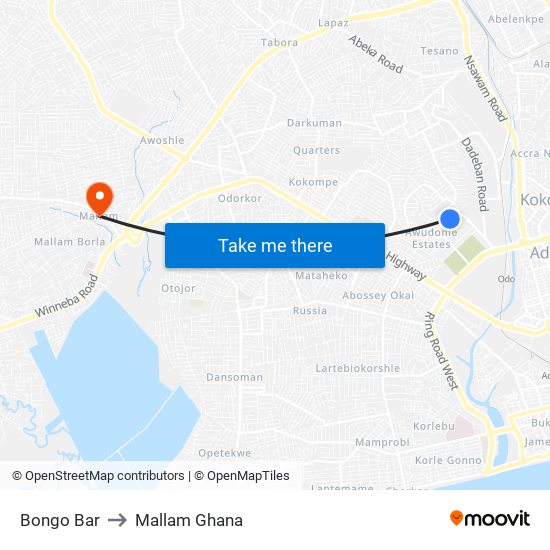 Bongo Bar to Mallam Ghana map