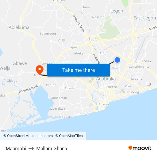 Maamobi to Mallam Ghana map