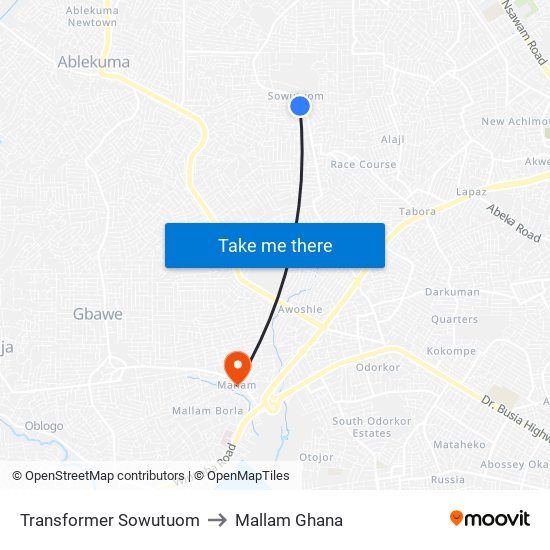 Transformer Sowutuom to Mallam Ghana map