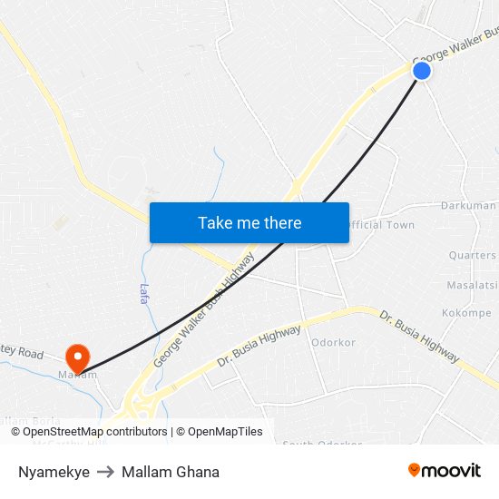 Nyamekye to Mallam Ghana map