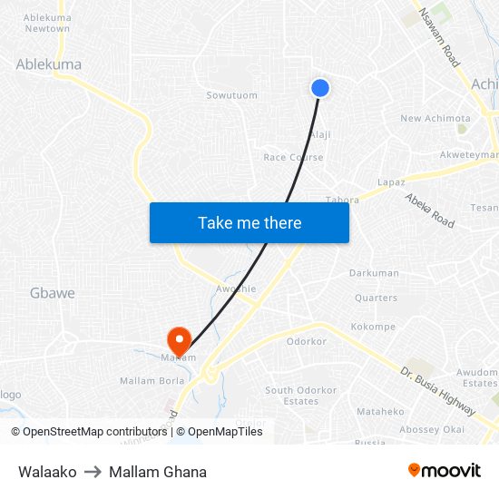 Walaako to Mallam Ghana map