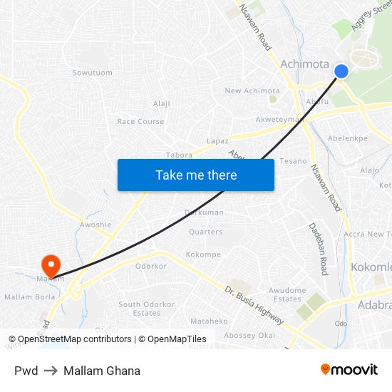 Pwd to Mallam Ghana map