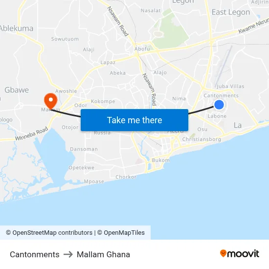 Cantonments to Mallam Ghana map