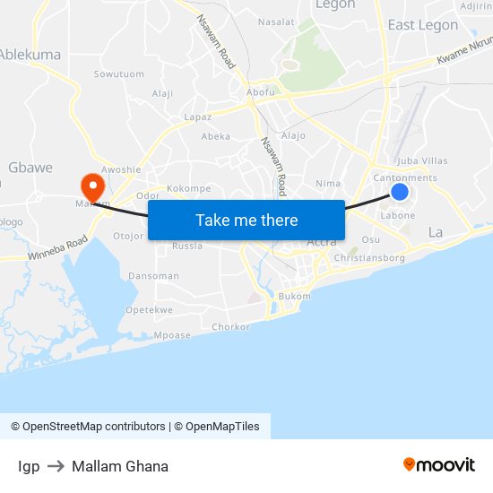 Igp to Mallam Ghana map