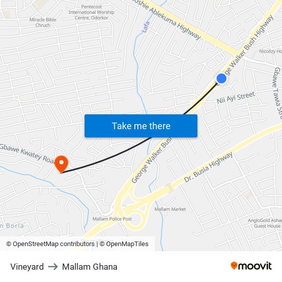 Vineyard to Mallam Ghana map
