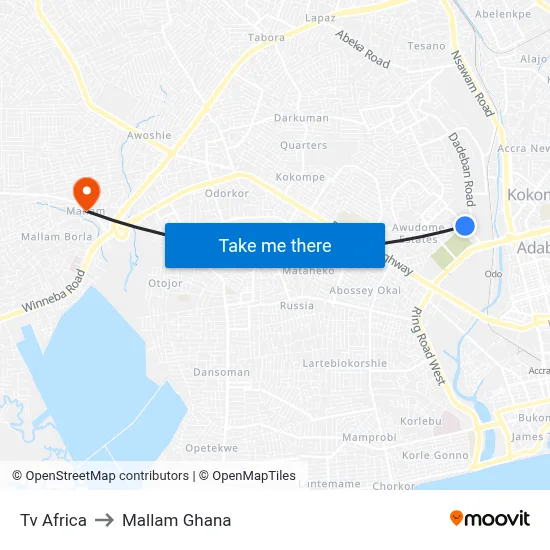 Tv Africa to Mallam Ghana map