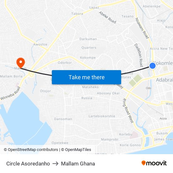 Circle Asoredanho to Mallam Ghana map