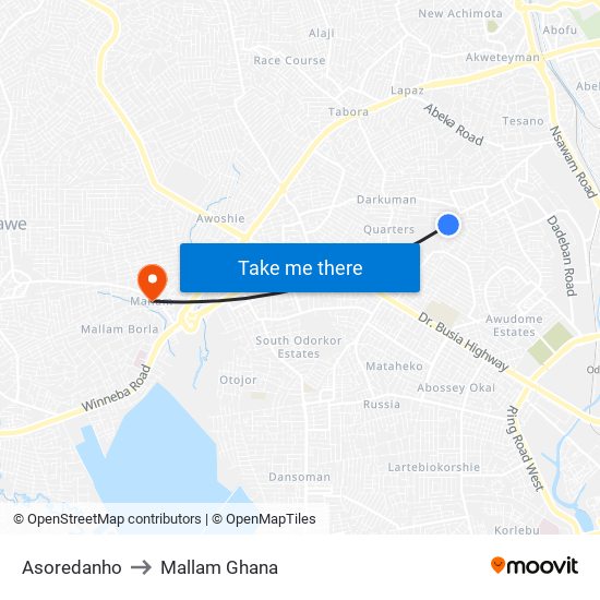 Asoredanho to Mallam Ghana map