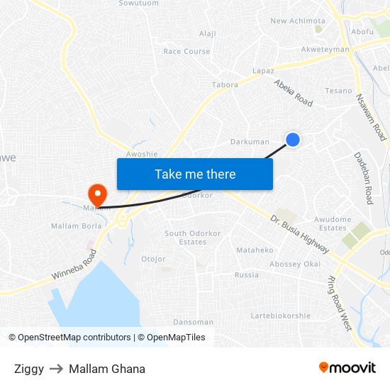 Ziggy to Mallam Ghana map