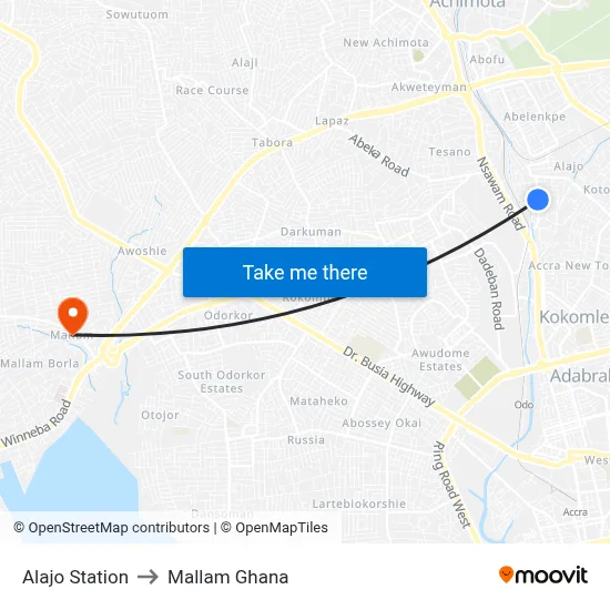Alajo Station to Mallam Ghana map