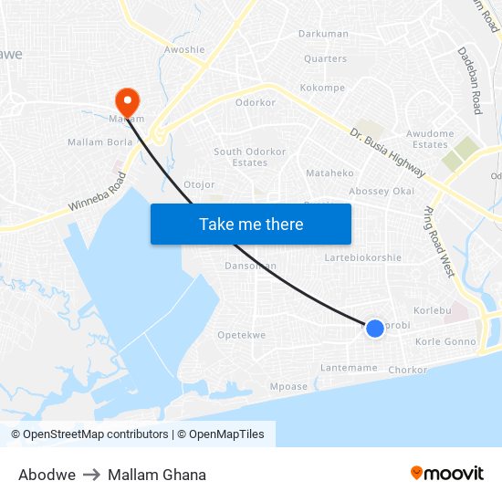 Abodwe to Mallam Ghana map