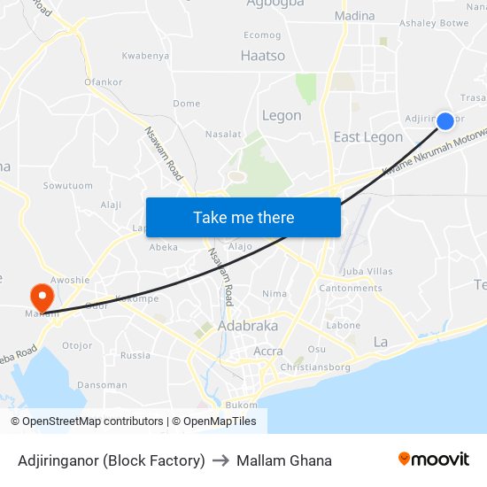 Adjiringanor (Block Factory) to Mallam Ghana map