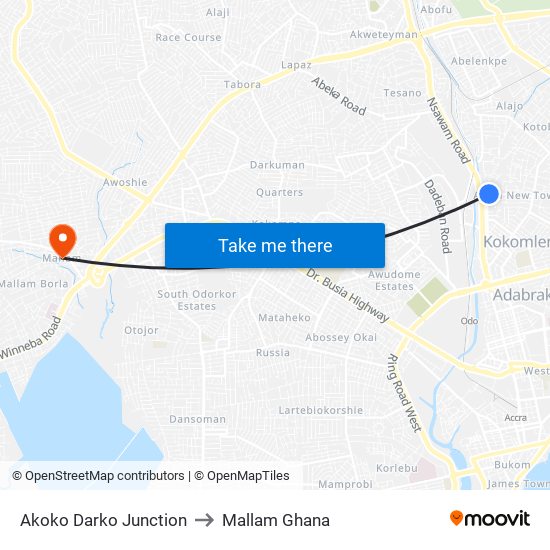 Akoko Darko Junction to Mallam Ghana map