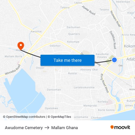 Awudome Cemetery to Mallam Ghana map