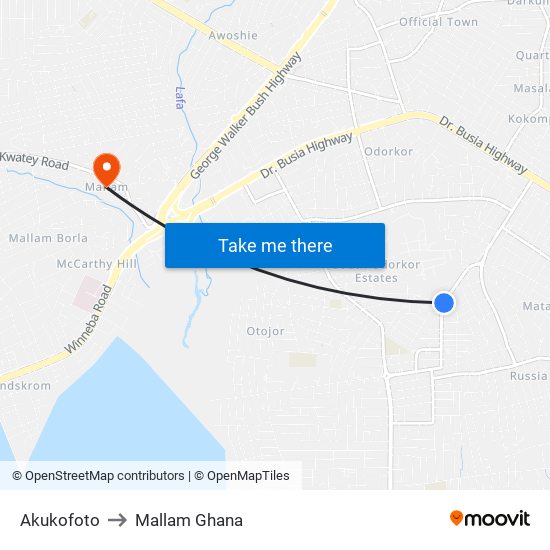 Akukofoto to Mallam Ghana map