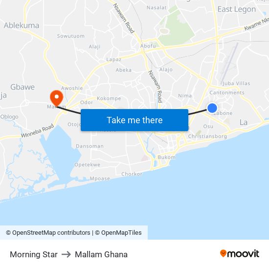 Morning Star to Mallam Ghana map