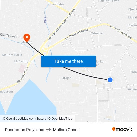 Dansoman Polyclinic to Mallam Ghana map