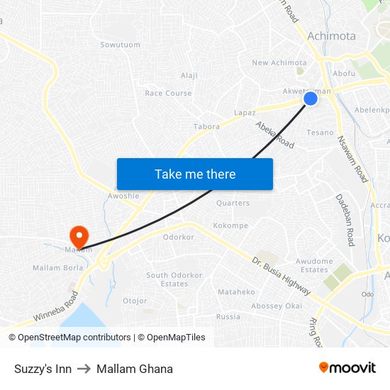 Suzzy's Inn to Mallam Ghana map