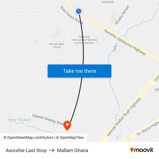 Awoshie Last Stop to Mallam Ghana map
