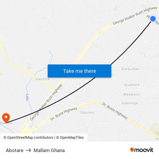 Abotare to Mallam Ghana map