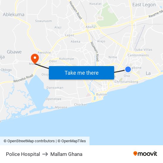 Police Hospital to Mallam Ghana map