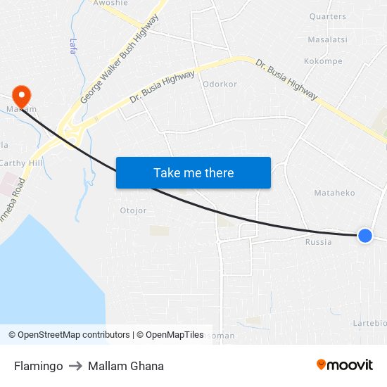 Flamingo to Mallam Ghana map