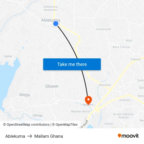 Ablekuma to Mallam Ghana map