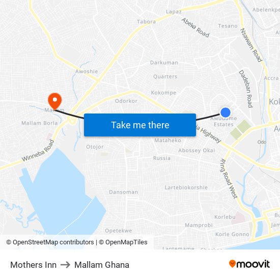 Mothers Inn to Mallam Ghana map