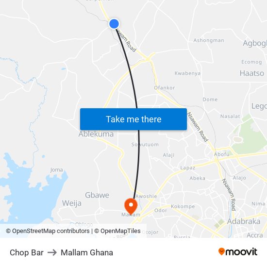 Chop Bar to Mallam Ghana map