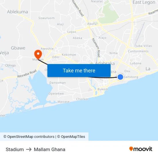Stadium to Mallam Ghana map
