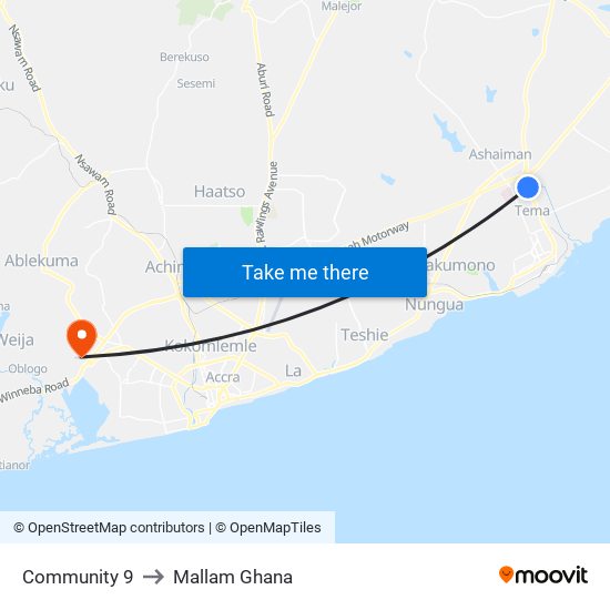 Community 9 to Mallam Ghana map