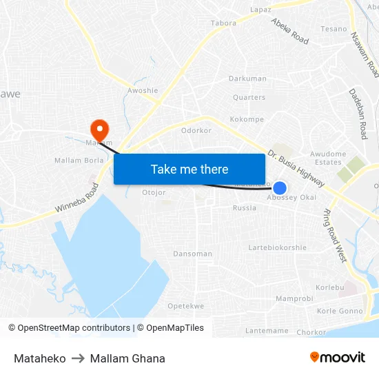 Mataheko to Mallam Ghana map