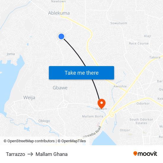 Tarrazzo to Mallam Ghana map