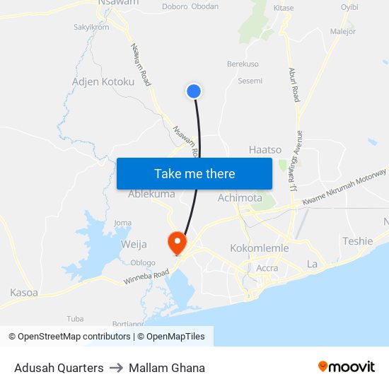 Adusah Quarters to Mallam Ghana map