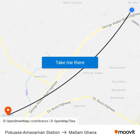 Pokuase-Amasaman Station to Mallam Ghana map