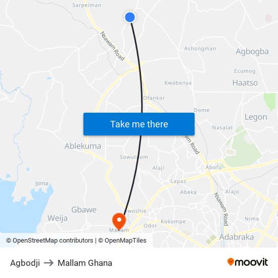 Agbodji to Mallam Ghana map