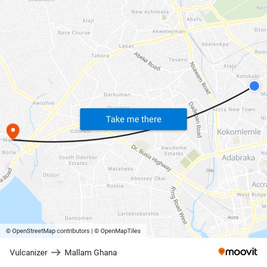 Vulcanizer to Mallam Ghana map