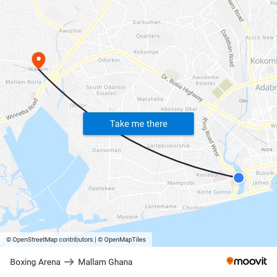 Boxing Arena to Mallam Ghana map