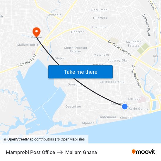 Mamprobi Post Office to Mallam Ghana map