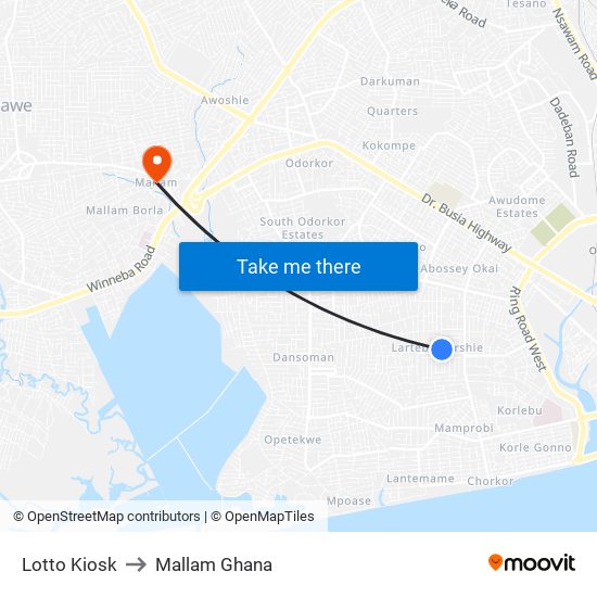 Lotto Kiosk to Mallam Ghana map