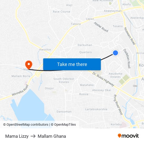 Mama Lizzy to Mallam Ghana map