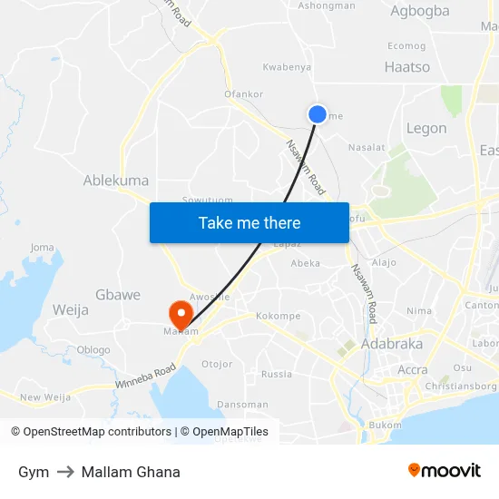 Gym to Mallam Ghana map
