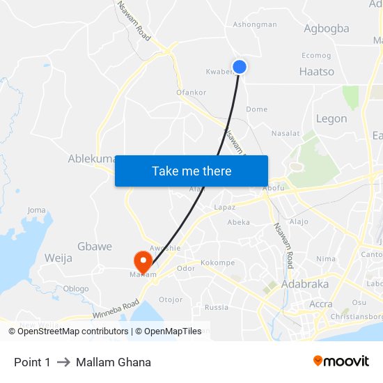 Point 1 to Mallam Ghana map