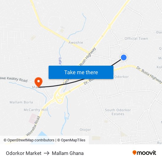 Odorkor Market to Mallam Ghana map