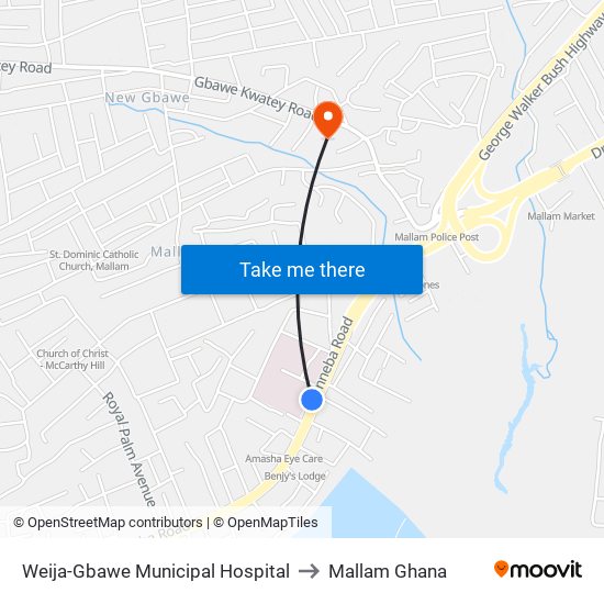 Weija-Gbawe Municipal Hospital to Mallam Ghana map