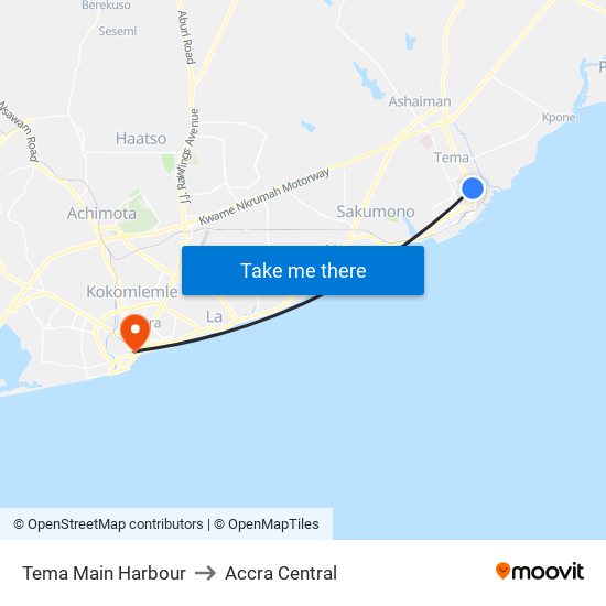 Tema Main Harbour to Accra Central map