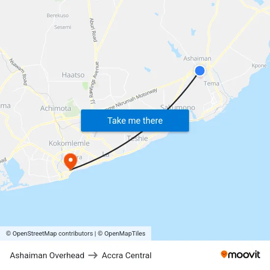 Ashaiman Overhead to Accra Central map