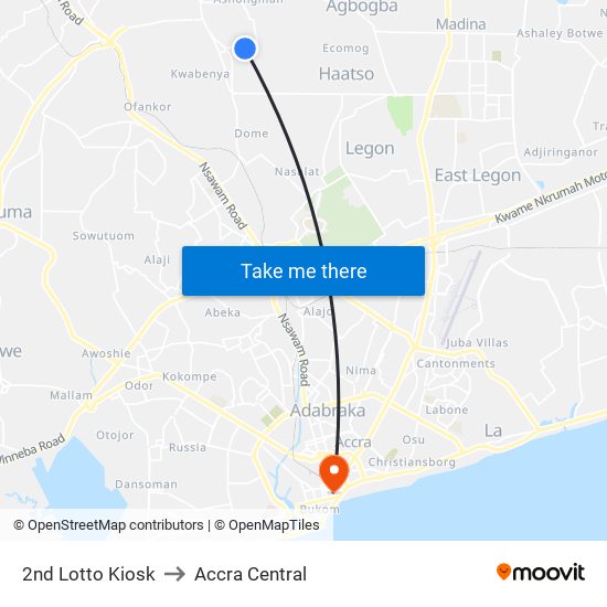 2nd Lotto Kiosk to Accra Central map